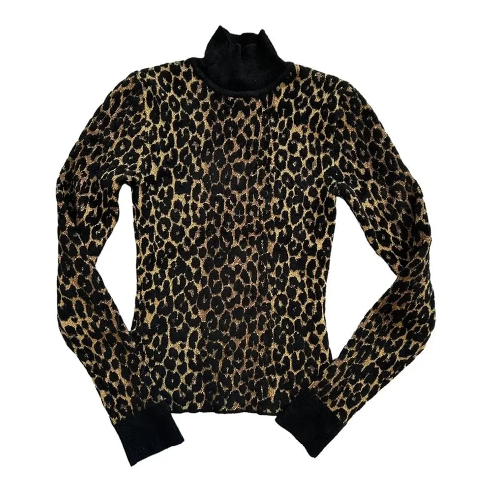 Ronny Kobo Dahlia Leopard Animal Turtleneck Pullover Sweater X-Small